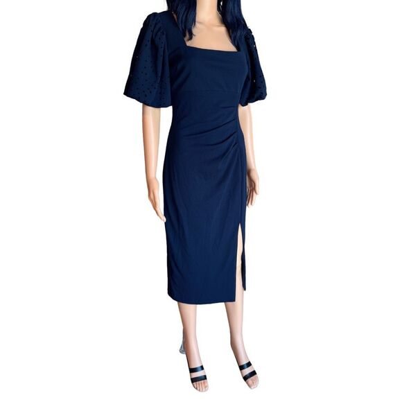 Betsy & Adam Navy Puff Sleeve Sheath Dress 4 NWT Eyelet Midi Cocktail Work - Picture 5 of 8